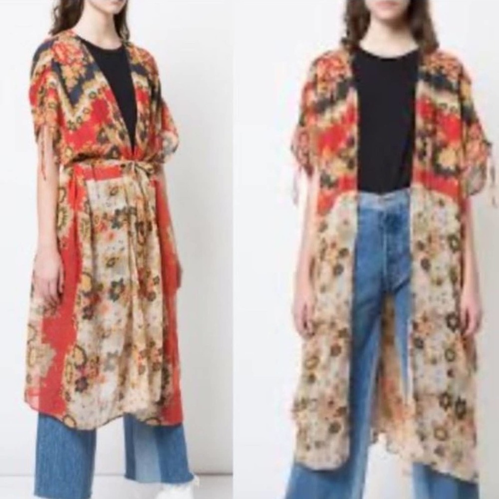 Mes Demoiselle Paris Womens Machu Kimono Kaftan Tie Waist Floral Red Orange OS